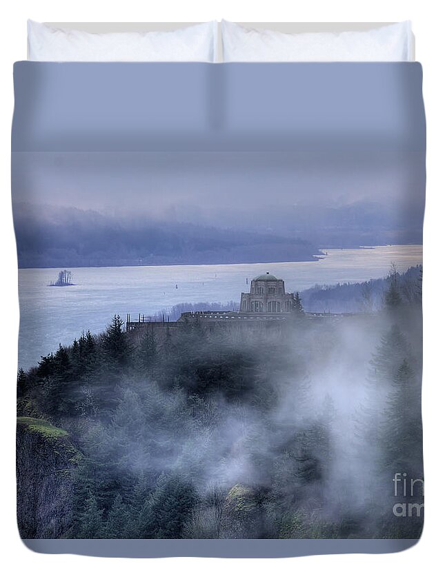 Crown Point Duvet Cover featuring the photograph Crown Point Vista House Fog Columbia River Gorge Oregon by Dustin K Ryan