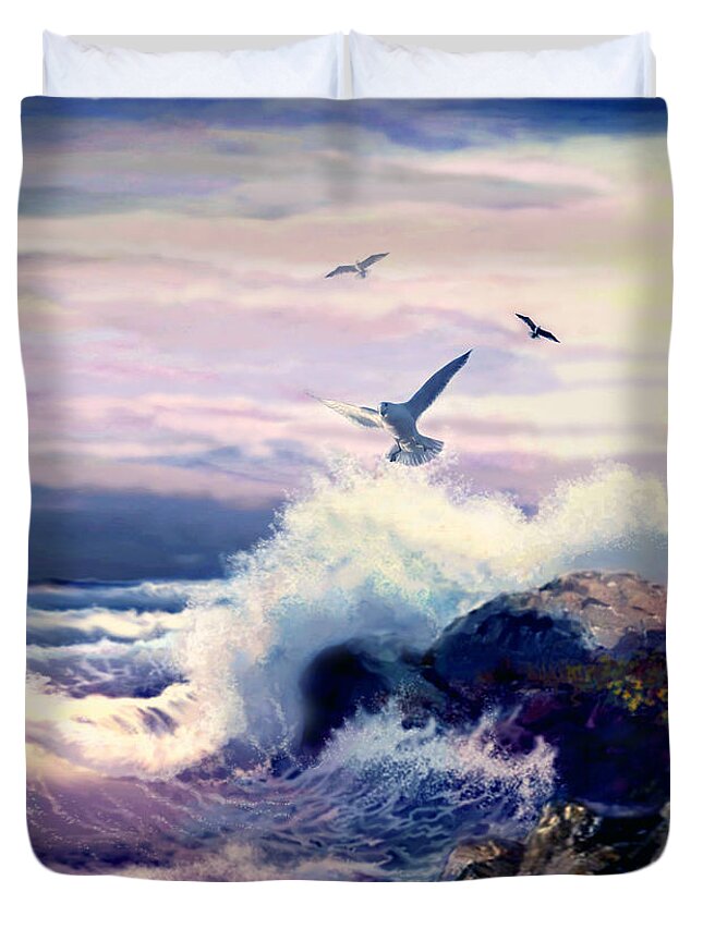 Crushing Waves And Rock Formation Duvet Cover featuring the painting Crushing Waves and Rockformation by Regina Femrite