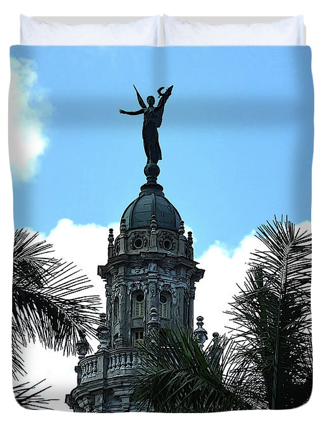 Digital Art Duvet Cover featuring the digital art Cuba rooftop w protection statue by Francesca Mackenney