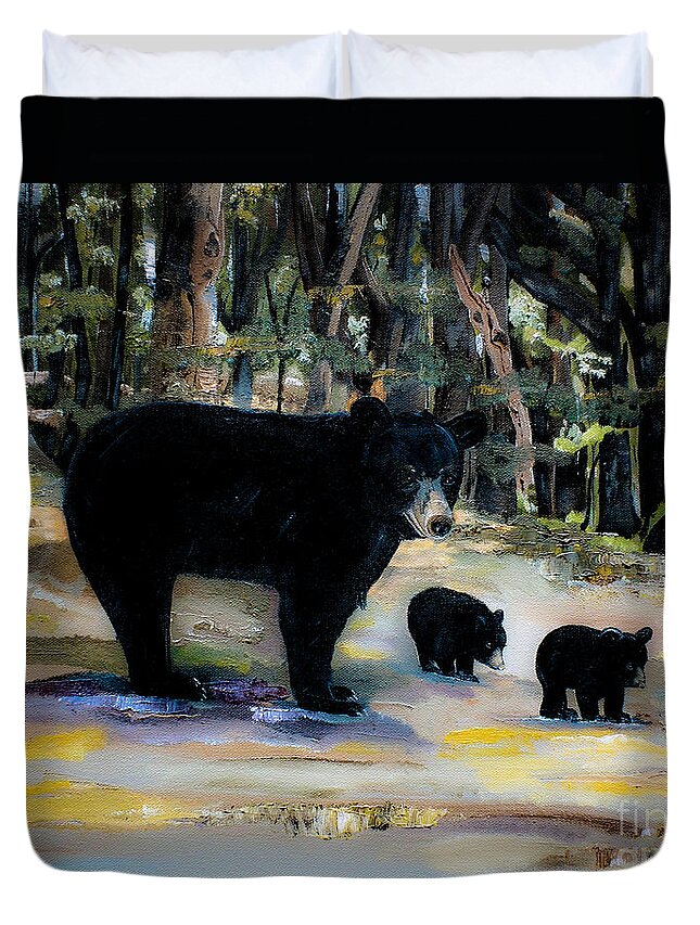 Black Bears Duvet Cover featuring the painting Cubs with Momma Bear - Dreamy version - Black Bears by Jan Dappen