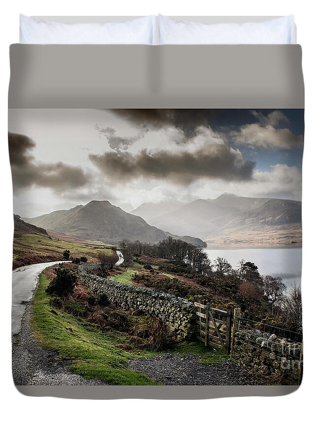 Road - Wall - Lake - Trees - Sky - Mountains Duvet Cover featuring the photograph Cumnock Water by Chris Horsnell