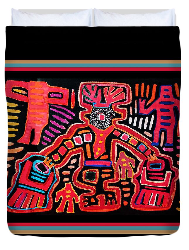 Cuna Indian Duvet Cover featuring the digital art Cuna Shaman Healing Ritual by Vagabond Folk Art - Virginia Vivier