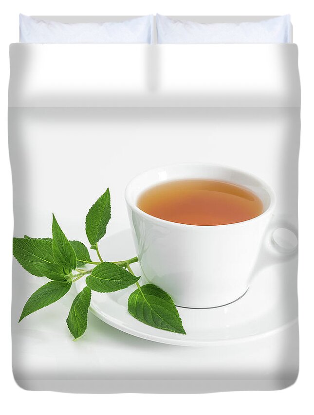 Tea Duvet Cover featuring the photograph Cup of tea with fresh mint by GoodMood Art