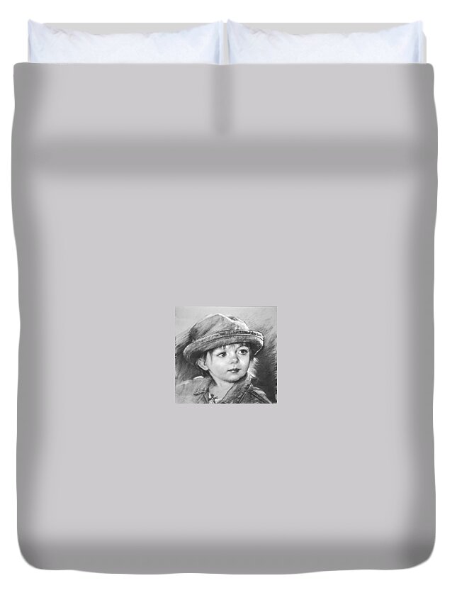 Portrait Duvet Cover featuring the drawing Curios by Ylli Haruni