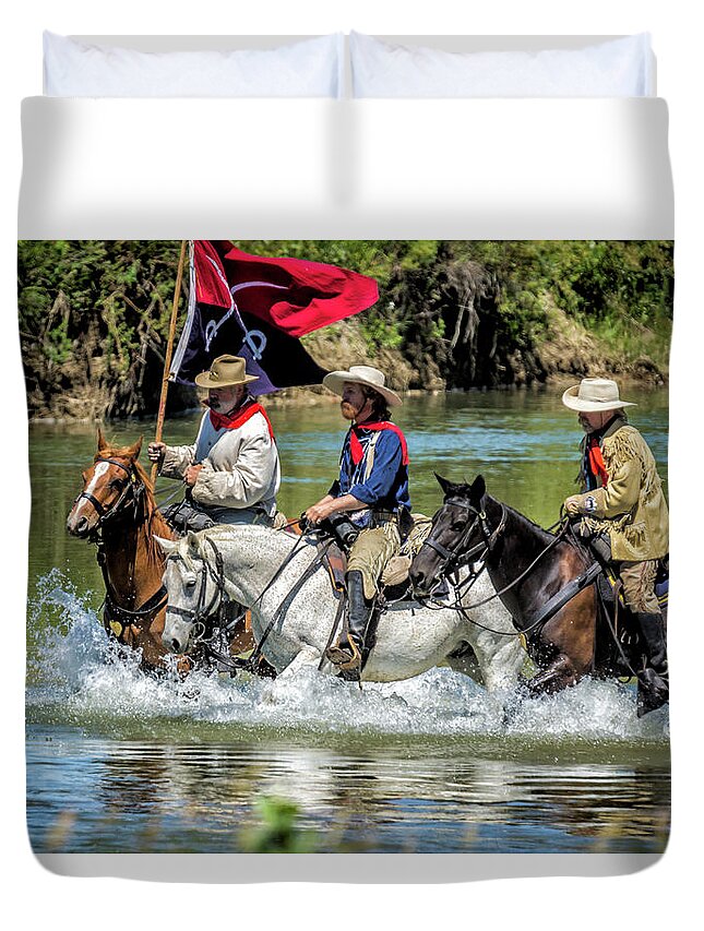 Little Bighorn Re-enactment Duvet Cover featuring the photograph Custer Crossing Little Bighorn River by Donald Pash