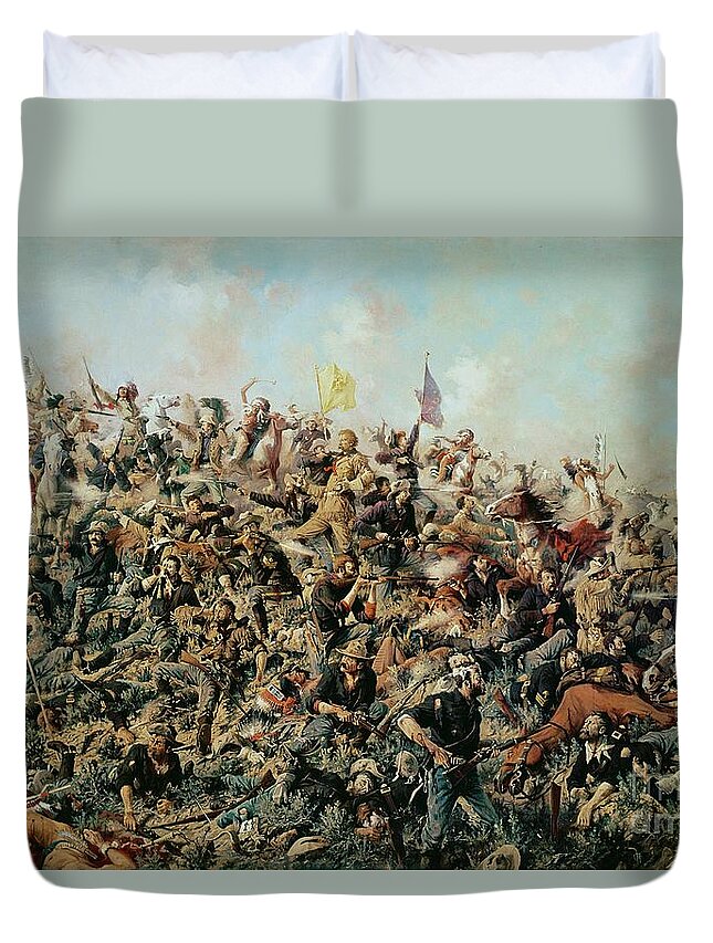 Battle Of Little Bighorn; Battlefield; Soldiers; Troops; Native American Indians; Tribe; Flags; Banners; War; Warfare; American Indian Wars; Big Horn; Paxon; Demise; Defeat Duvet Cover featuring the painting Custer's Last Stand by Edgar Samuel Paxson