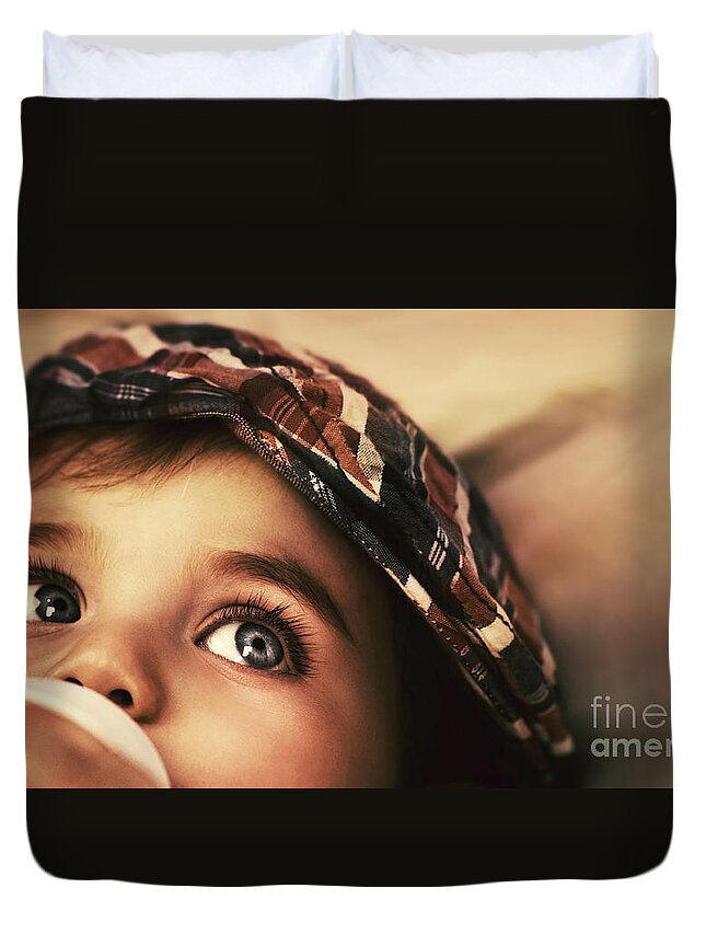 Adorable Duvet Cover featuring the photograph Cute baby eating by Anna Om