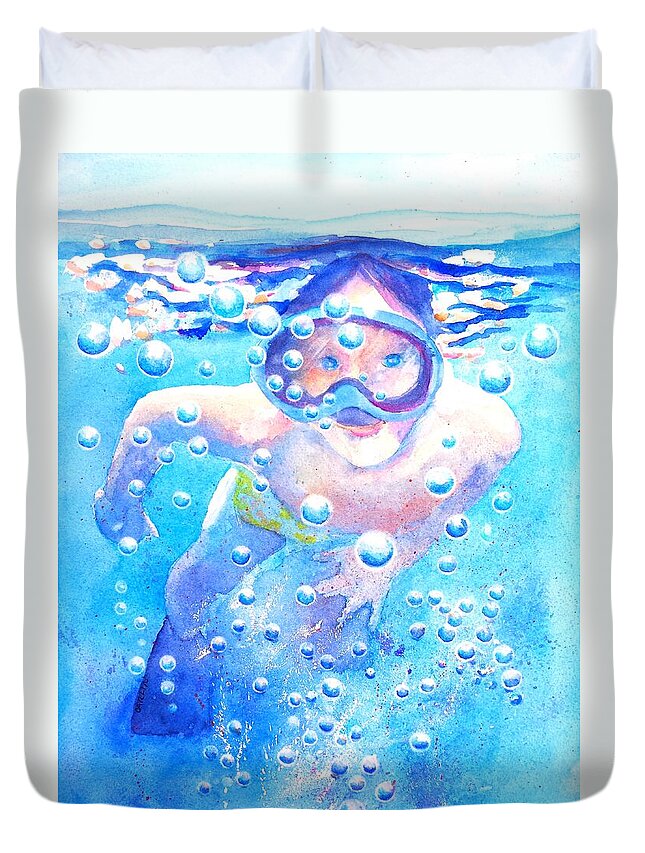 Swimming Duvet Cover featuring the painting Cute Child Snorkeling Underwater by Carlin Blahnik CarlinArtWatercolor