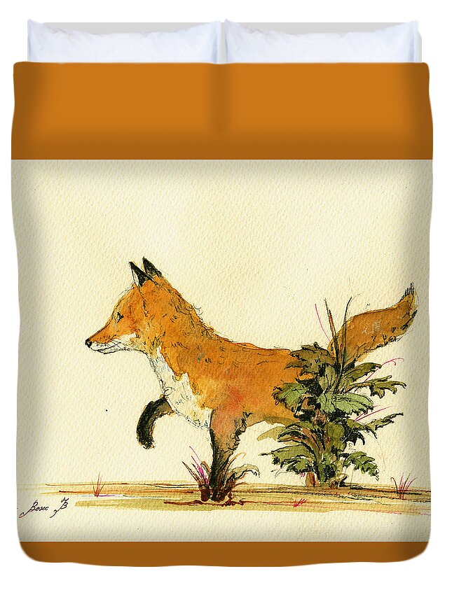 Fox Art Wall Duvet Cover featuring the painting Cute fox in the forest by Juan Bosco