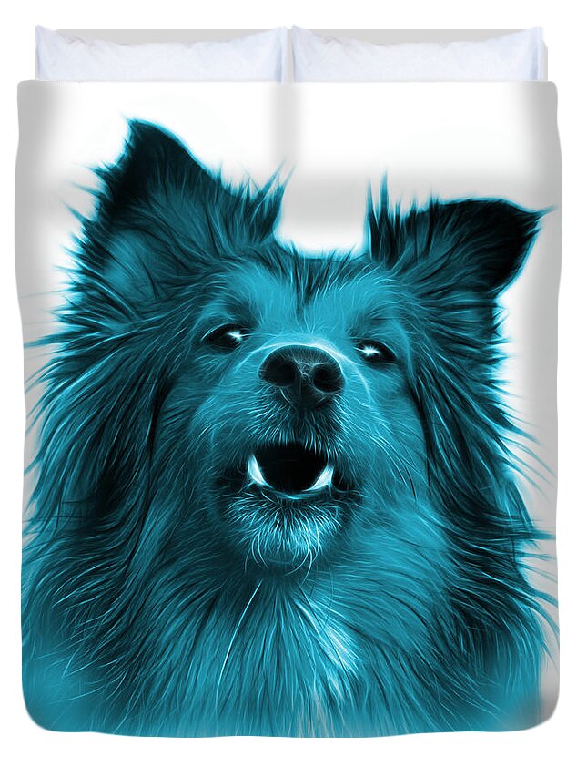 Sheltie Duvet Cover featuring the painting Cyan Sheltie Dog Art 0207 - WB by James Ahn