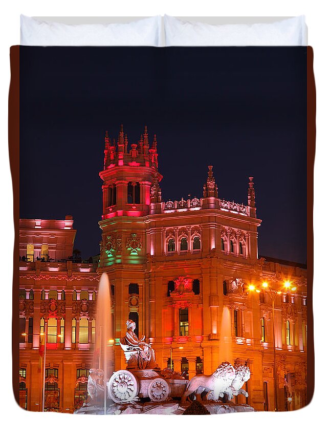 Madrid Duvet Cover featuring the photograph Cybele Fountain and Palace at Night Madrid by James Brunker