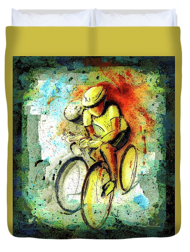 Sports Duvet Cover featuring the painting Cycling Madness 01 by Miki De Goodaboom