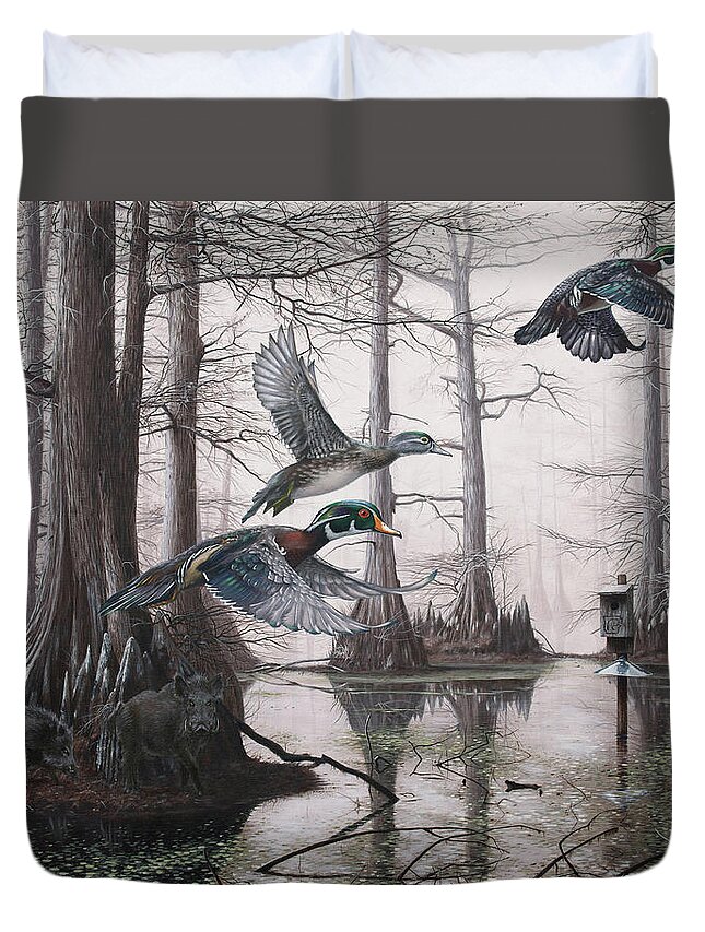 Duck Hunting Duvet Cover featuring the painting Cypress Bayou Neighbors by Glenn Pollard