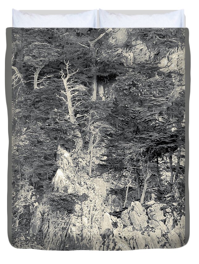 Cypress Duvet Cover featuring the digital art Cypress Strewn Cliff, Carmel Bay, Point Lobos, State Park Carmel, California by Kathy Anselmo