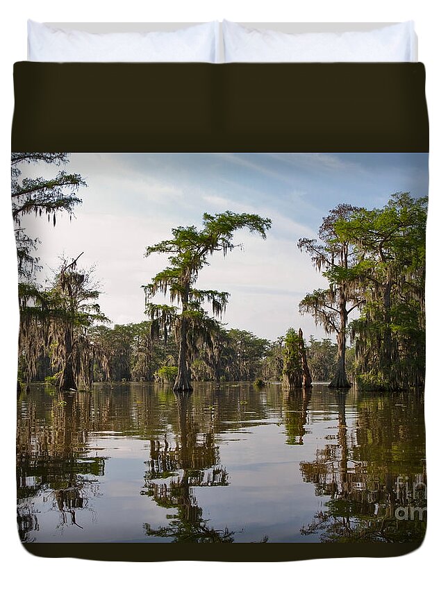 Swamp Duvet Cover featuring the photograph Cypress Trees and Spanish Moss in Lake Martin by Louise Heusinkveld