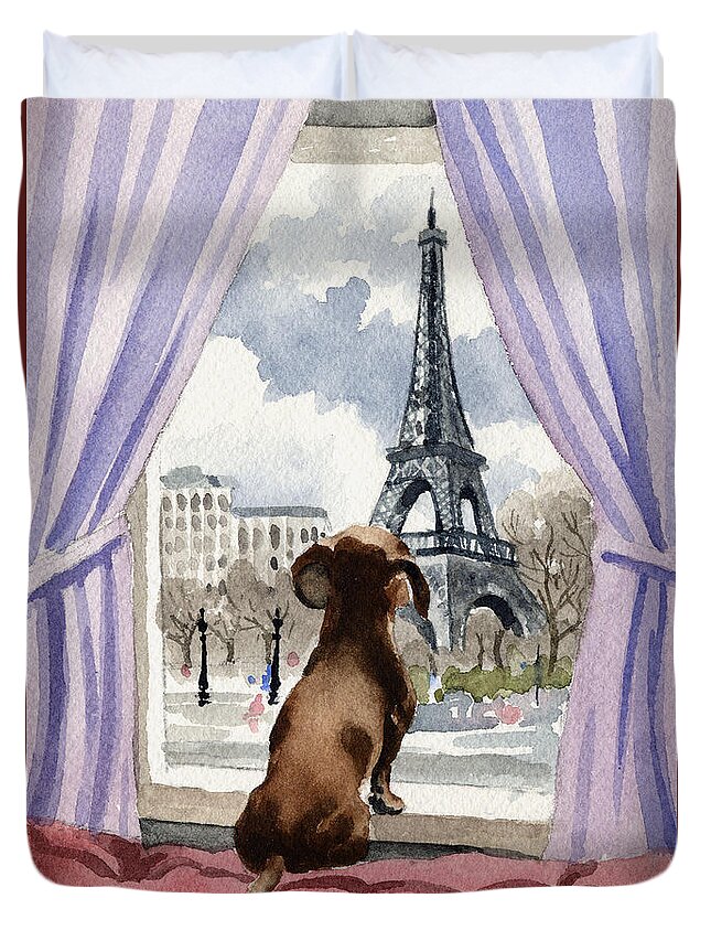 Dachshund Duvet Cover featuring the painting Dachshund In Paris by David Rogers