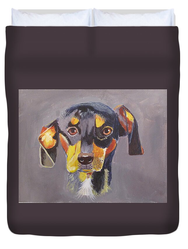 Pets Duvet Cover featuring the painting Dachshund by Kathie Camara