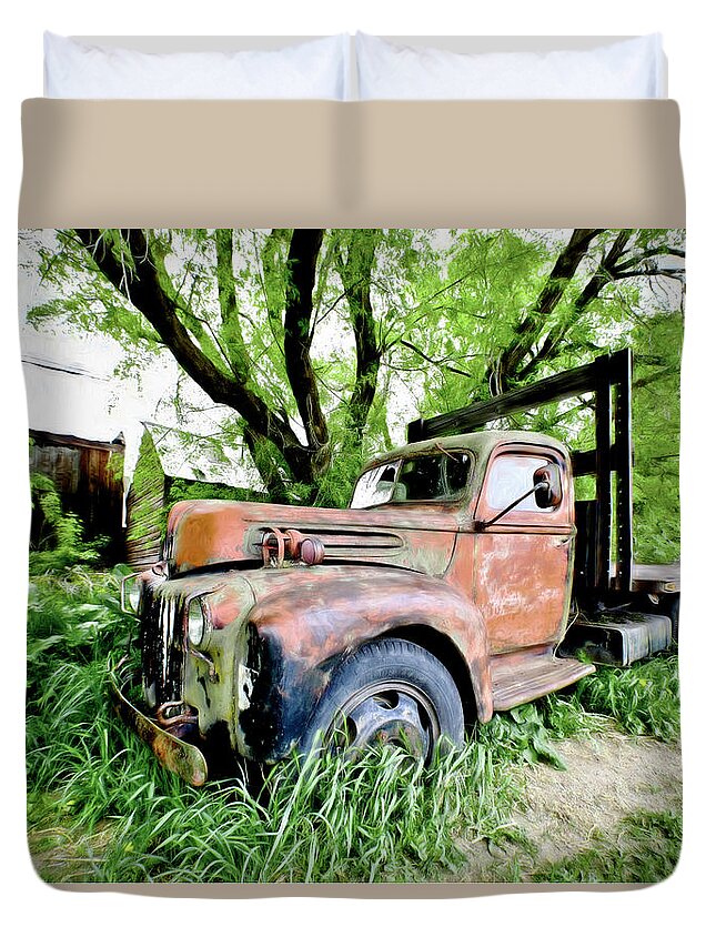 Landscape Duvet Cover featuring the photograph Dads Old Flatbed Truck. by James Steele
