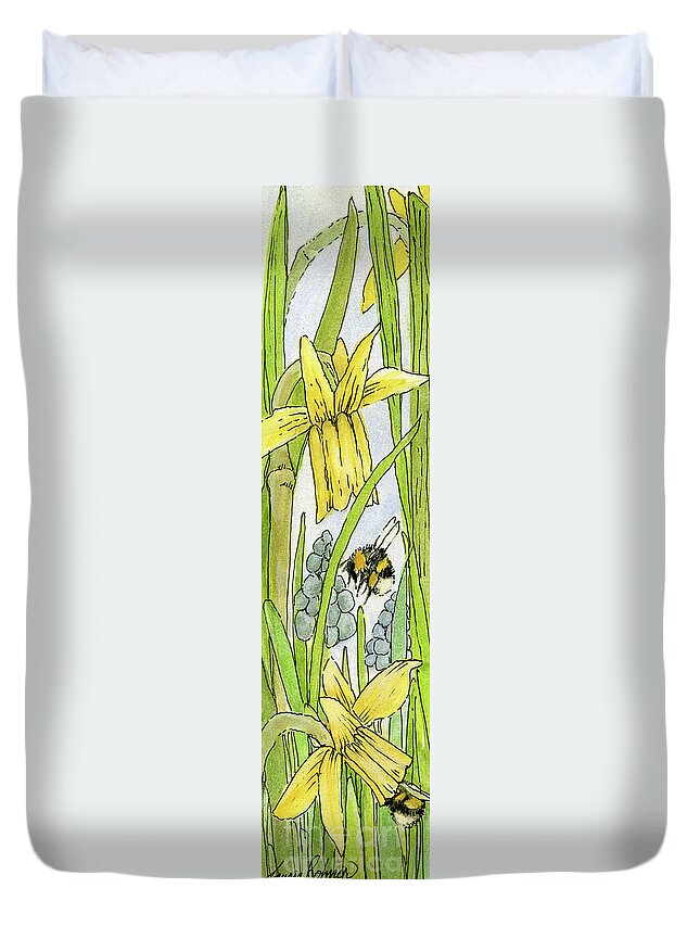 Daffodils Duvet Cover featuring the painting Daffodils and Bees by Laurie Rohner