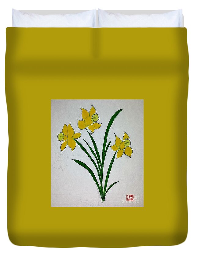 Harbinger Of Spring Duvet Cover featuring the painting Daffodils by Margaret Welsh Willowsilk