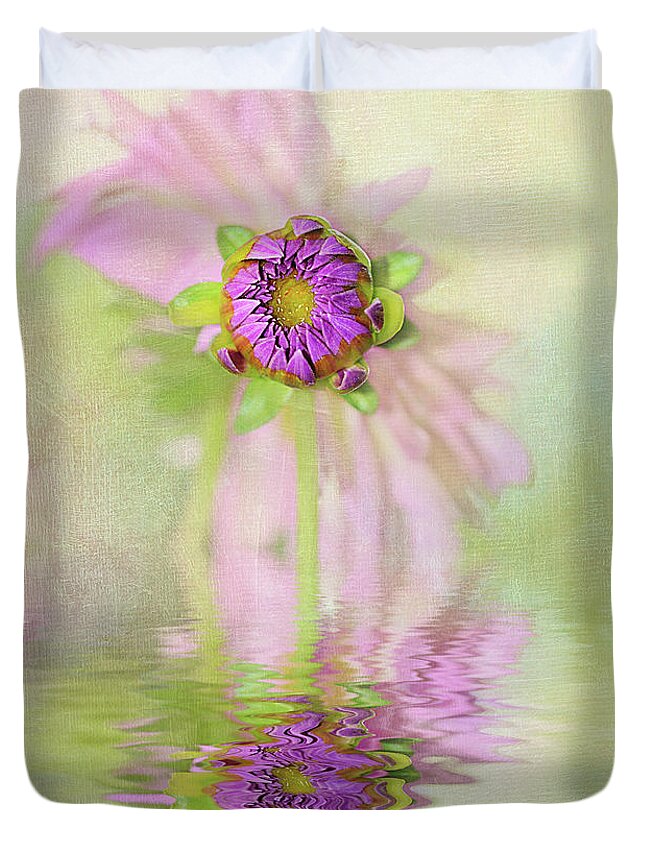 Photography Duvet Cover featuring the photograph Dahlia Bud Reflection by Kaye Menner by Kaye Menner