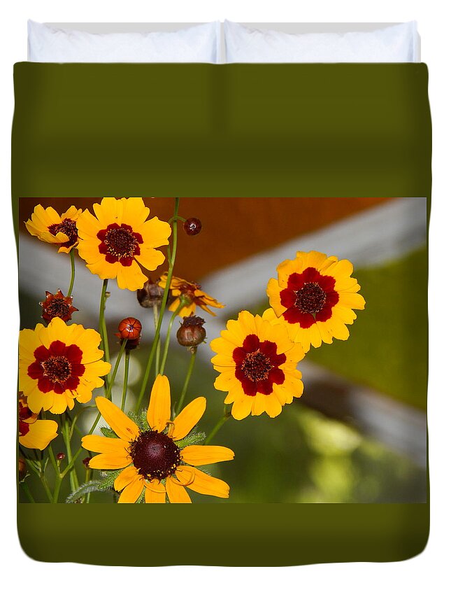 Flower Flora Still-life Gardening Arrangements Yellow Brownish- Red Stain Glass Window Background Daisy Buds Bloom Green Leaves Orange And Green Stained Glass Nature Floral Photography By Jan Gelders Floral Decor Interior Design Accent Duvet Cover featuring the photograph Daisy Delights by Jan Gelders