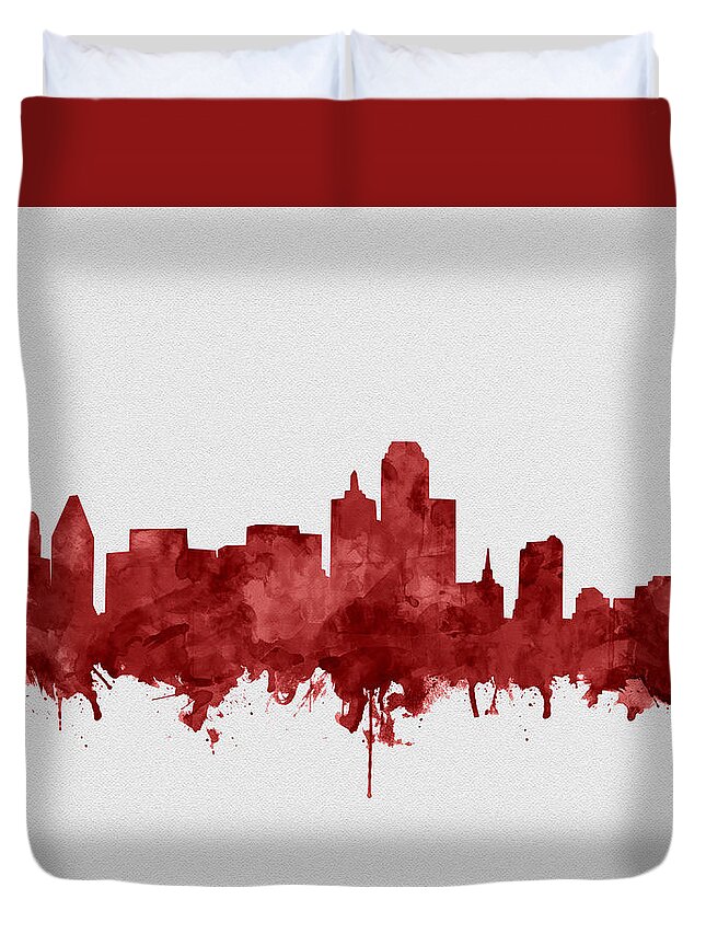 Dallas Duvet Cover featuring the painting Dallas Skyline Red by Bekim M
