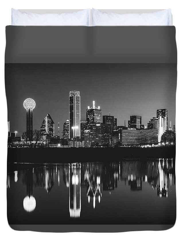 Dallas Duvet Cover featuring the photograph Dallas Skyline with reflection in Black and white 1 by Mati Krimerman