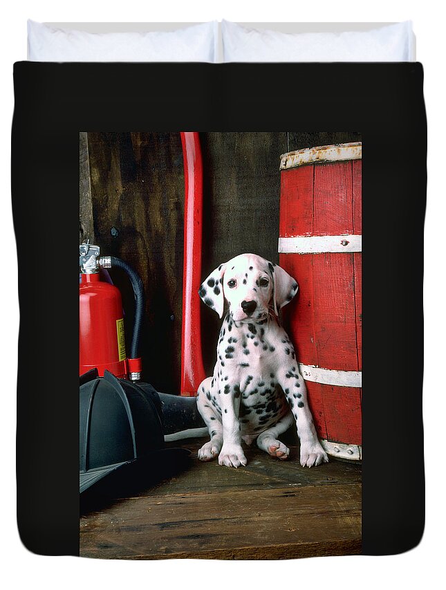 Dalmatian Puppy With Fireman S Helmet Duvet Cover For Sale By