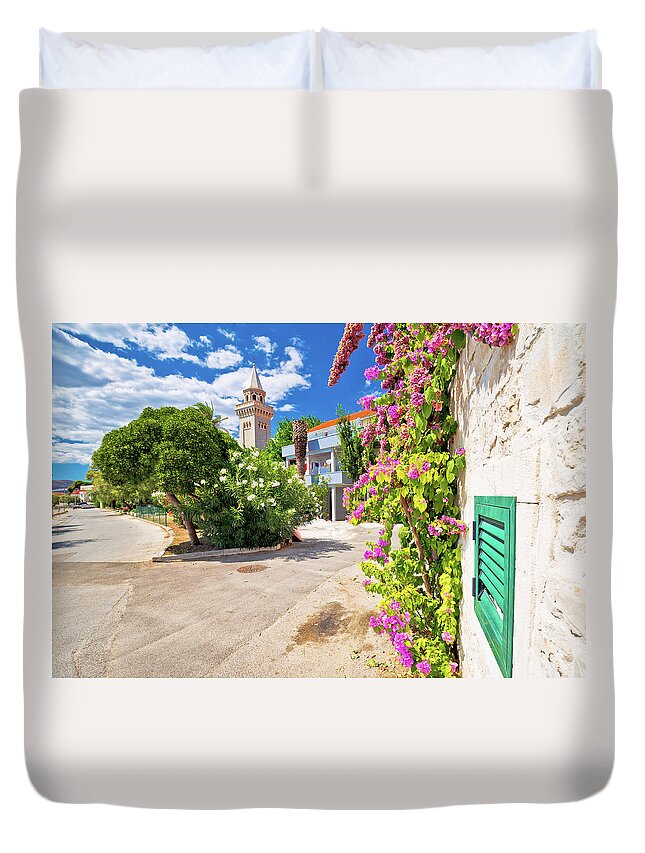 Kastel Duvet Cover featuring the photograph Dalmatian stone architecture with colorful flowers and ancient w by Brch Photography