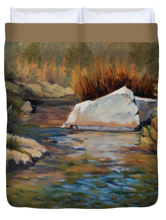 California Landscape Duvet Cover featuring the painting Dance of Light on Bishop Creek by Sandy Fisher