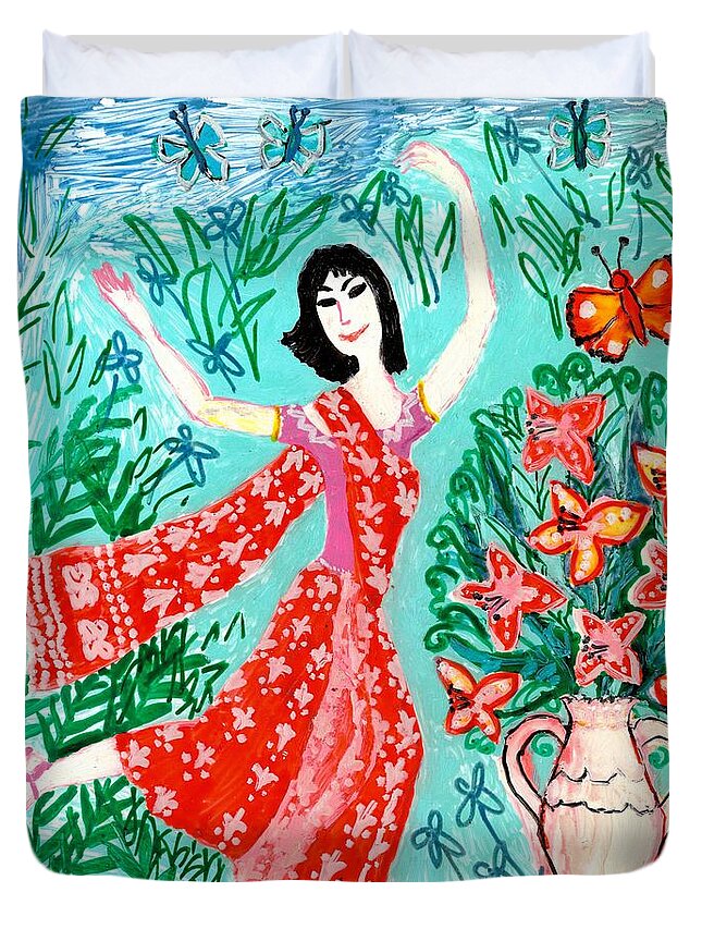 Sue Burgess Duvet Cover featuring the painting Dancer in red sari by Sushila Burgess