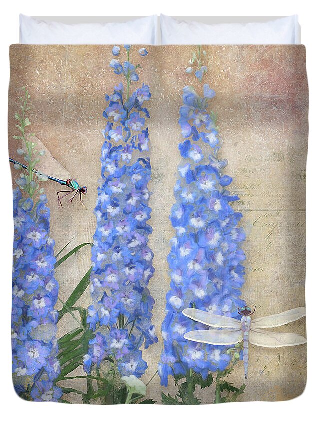 Damselfly Duvet Cover featuring the painting Dancing in the Wind - Damselfly n Dragonfly w Delphinium by Audrey Jeanne Roberts