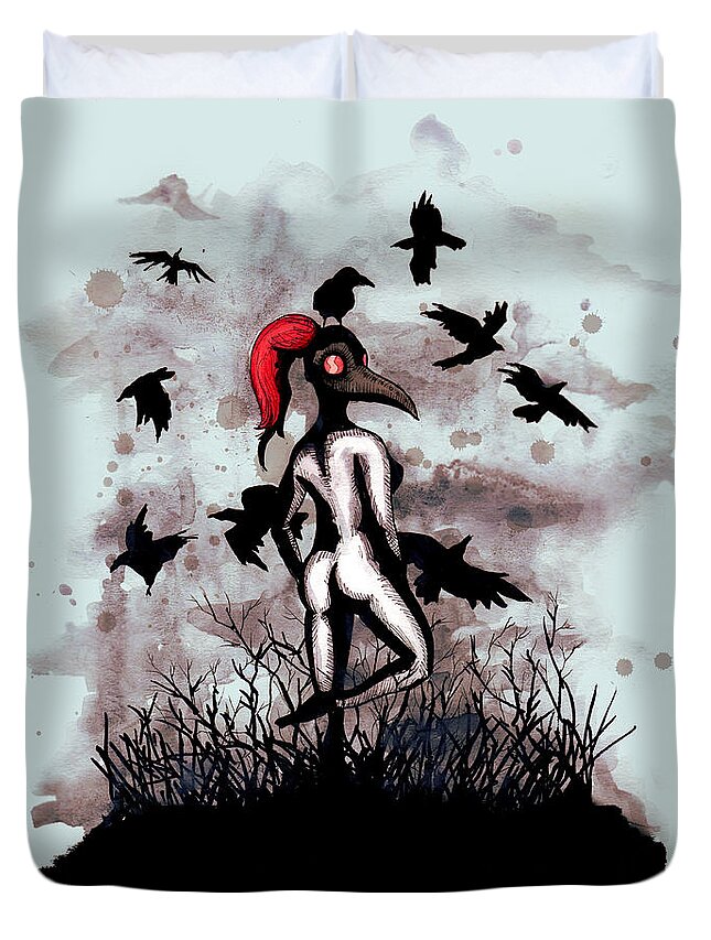 Plague Duvet Cover featuring the drawing Dancing With Crows by Ludwig Van Bacon