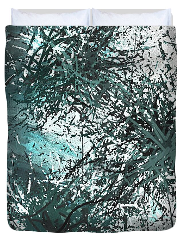 Blue Duvet Cover featuring the painting Dandelion Overwhelm - Turquoise and Gray Modern Art by Lourry Legarde