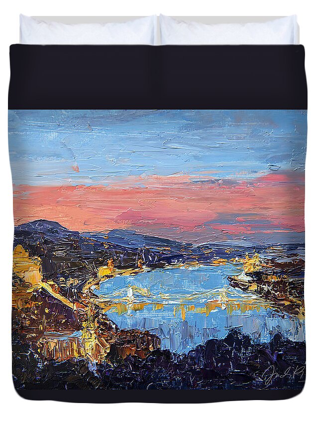 Small Oil Painting Duvet Cover featuring the painting Danube from Gellert Hill by Judith Barath
