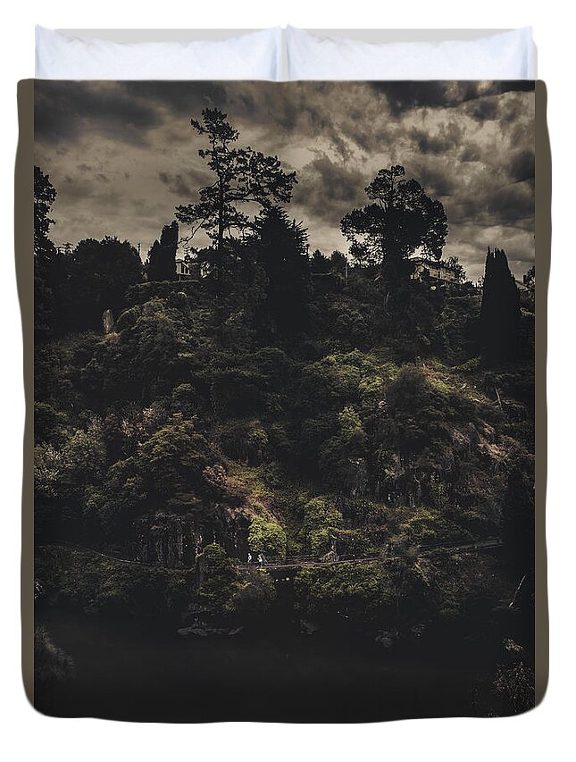 Nature Duvet Cover featuring the photograph Dark landscape photograph of distant people hiking by Jorgo Photography
