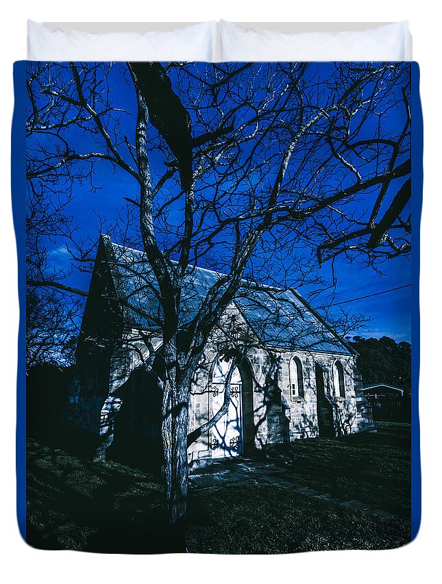 Creepy Duvet Cover featuring the photograph Dark mysterious church by Jorgo Photography