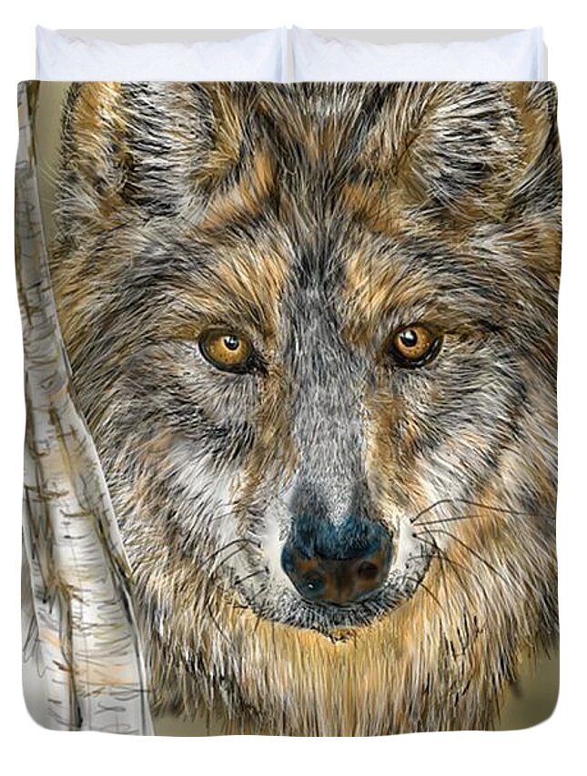 Wolf Duvet Cover featuring the digital art Dark Wolf with Birch by Darren Cannell