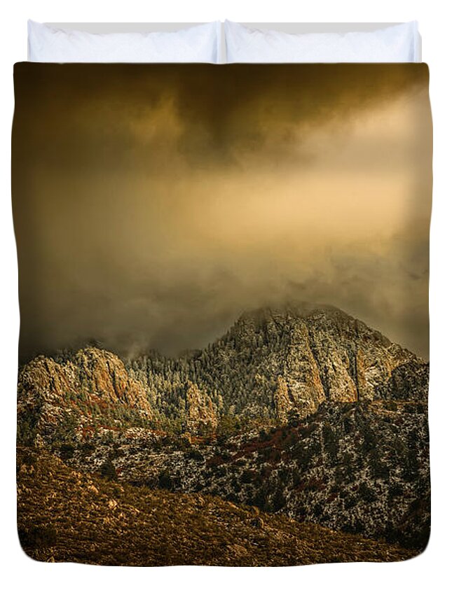 Landscape Duvet Cover featuring the photograph Darkness Falls Over the Sandias by Michael McKenney
