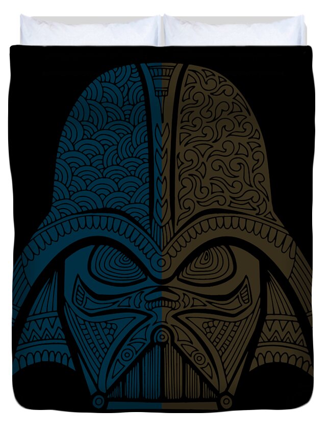 Darth Vader Duvet Cover featuring the mixed media Darth Vader - Star Wars Art - Blue Brown by Studio Grafiikka