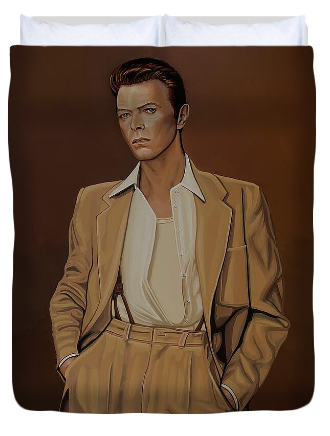 David Bowie Duvet Cover featuring the painting David Bowie Four Ever by Paul Meijering
