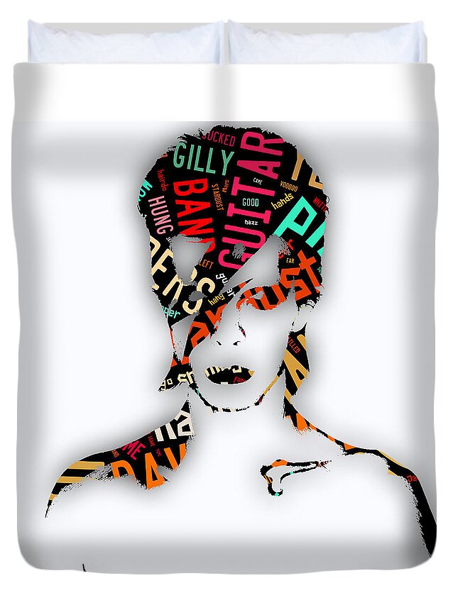 David Bowie Duvet Cover featuring the mixed media David Bowie Ziggy Stardust Song Lyrics by Marvin Blaine