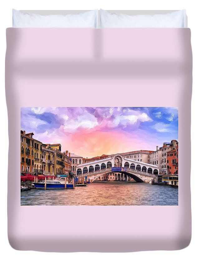 Dawn Duvet Cover featuring the painting Dawn Light at Rialto Bridge by Dominic Piperata