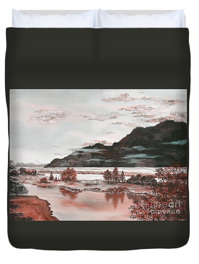 Pacific Northwest Duvet Cover featuring the painting Orange Dawn by Lisa Debaets