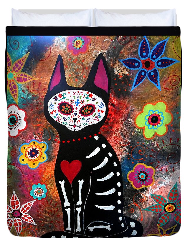 Day Of The Dead Duvet Cover featuring the painting Day Of The Dead Cat El Gato by Pristine Cartera Turkus
