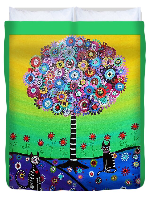 Day Of The Dead Duvet Cover featuring the painting Day Of The Dead Cat'slife by Pristine Cartera Turkus