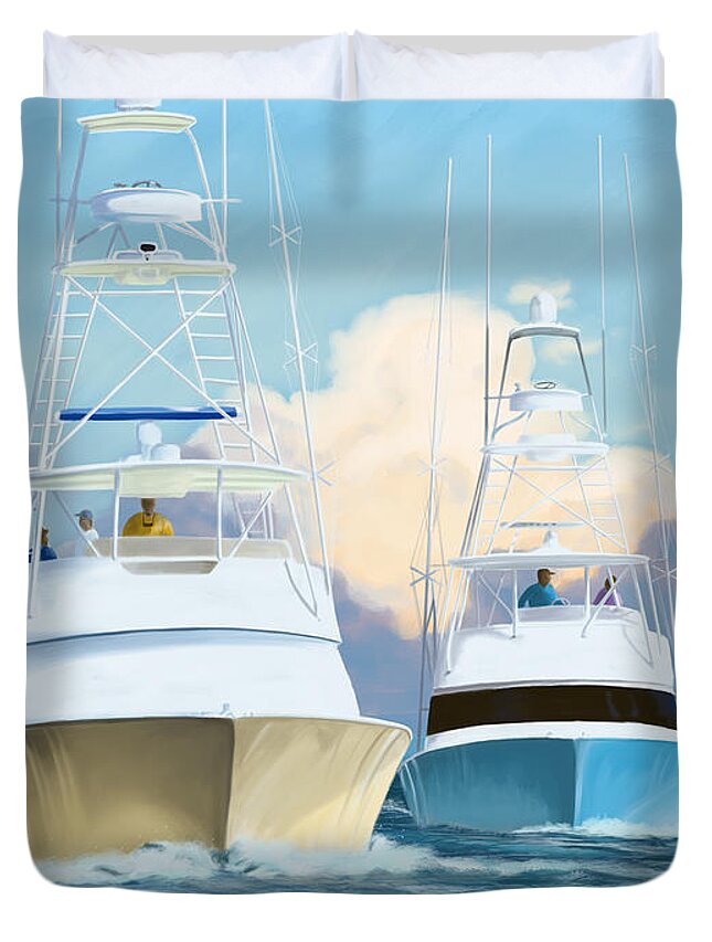 Offshore Boats Duvet Cover featuring the digital art Days Work by Kevin Putman