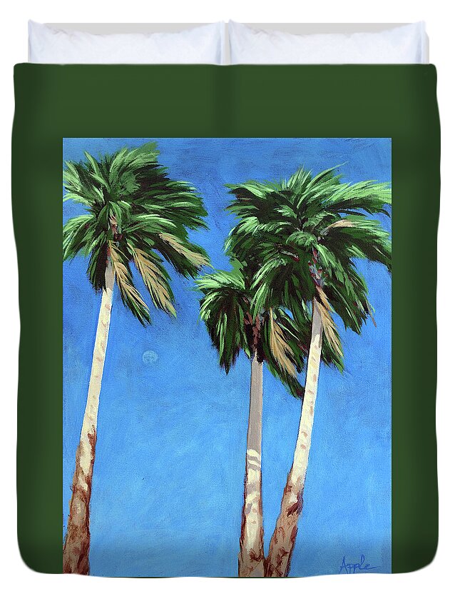 Palm Trees Duvet Cover featuring the painting Daytime Moon in Palm Springs by Linda Apple