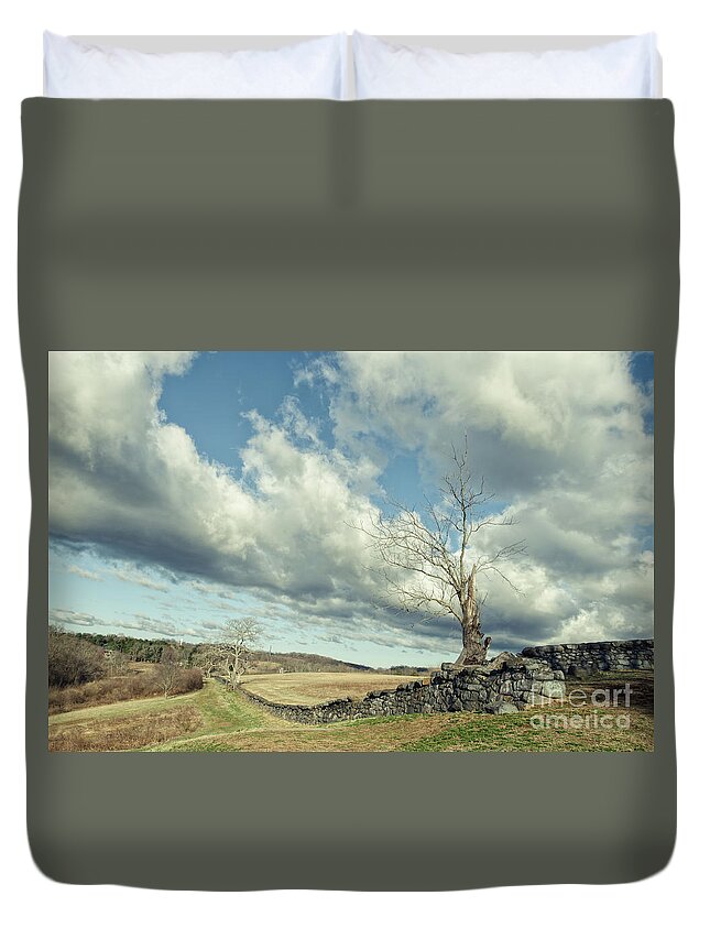 Rural Duvet Cover featuring the photograph Dead Tree and Stone Wall Split Toned by PIPA Fine Art - Simply Solid